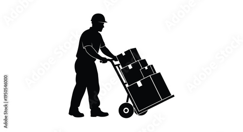 A silhouetted worker is depicted pushing a hand truck loaded with stacked cardboard boxes high quality professional detailed modern