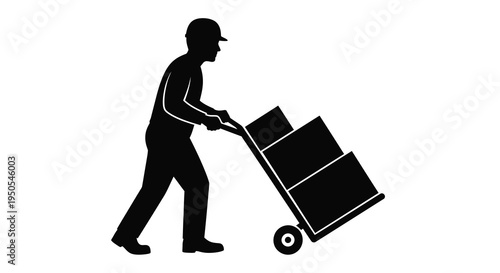 A stark black silhouette depicts a person pushing a hand truck loaded with stacked boxes suggesting movement high quality