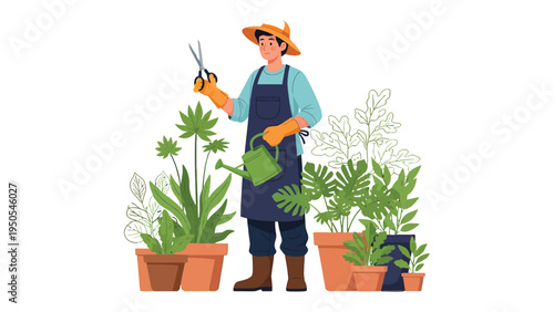 Gardener in Bloom: A dedicated gardener tending to lush plants, nurturing vibrant life with skill and care, showcasing a dedication to growth.