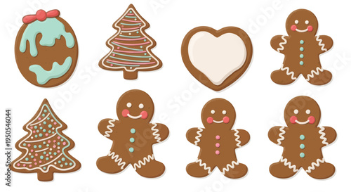 Christmas gingerbread cookies: gingerbread man, tree, heart, and festive shapes