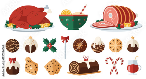 Christmas Food Feast: Roast Turkey, Ham, Desserts, Drinks, and Decorations