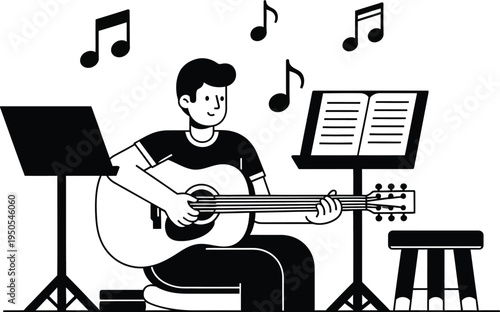 Man playing guitar with music sheets