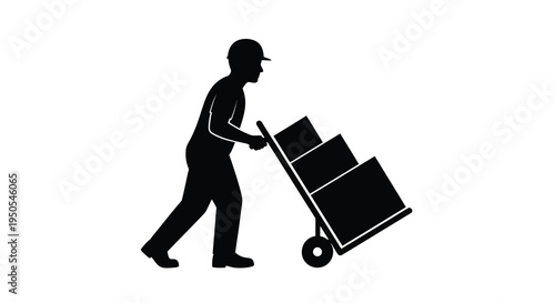 A silhouetted image depicts a worker pushing a hand truck loaded with stacked boxes representing manual labor and logistics