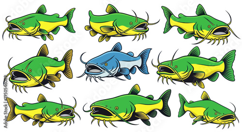 Collection of Cartoon Catfish Fish Illustrations, Aquatic Animals