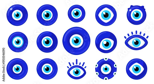 Collection of Blue Evil Eye Symbols on White Background