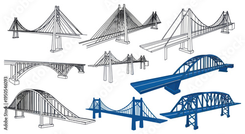 Collection of Bridge Designs: Cable-stayed, Arch, Truss, Suspension - Vector Illustrations