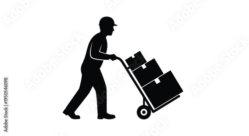 A silhouetted figure is depicted pushing a hand truck loaded with several rectangular boxes illustrating logistics high quality professional