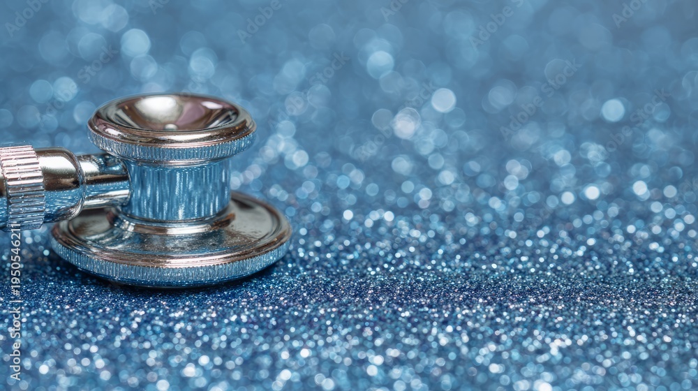Naklejka premium Healthcare concept with stethoscope on blue shimmering background, macro close-up showing medical tool and diagnostic precision