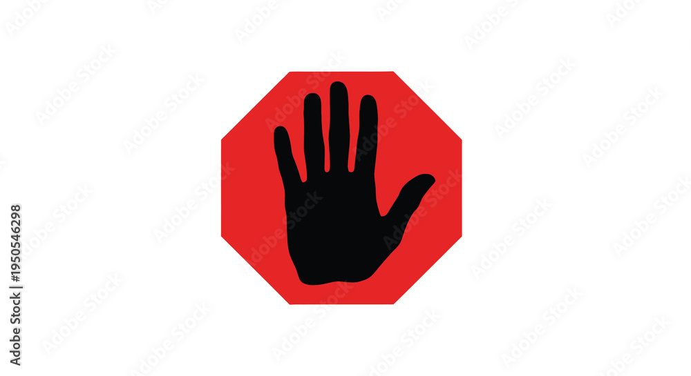 Fototapeta premium A striking visual depicts a red octagonal sign featuring a black silhouette of a hand indicating a stop or halt