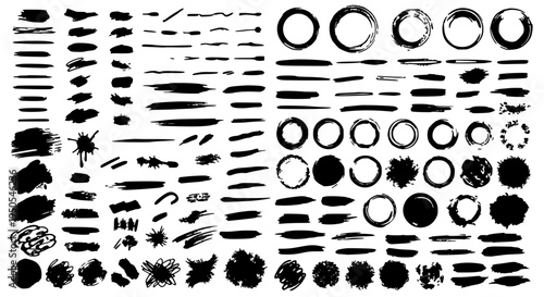 Brushstrokes hand drawn set with black curved lines, splatters and circles featuring grunge, illustration, graphic