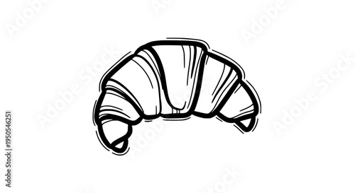 Croissant with layered dough and curved shape, illustrated in black lines featuring pastry, bread, breakfast with food