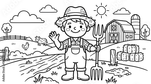 Smiling farmer in overalls waving.
