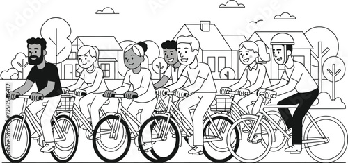 Diverse group of people riding bicycles in a line