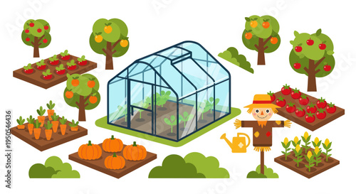 Gardening elements: greenhouse, fruit trees, vegetable patches, scarecrow, and pumpkins