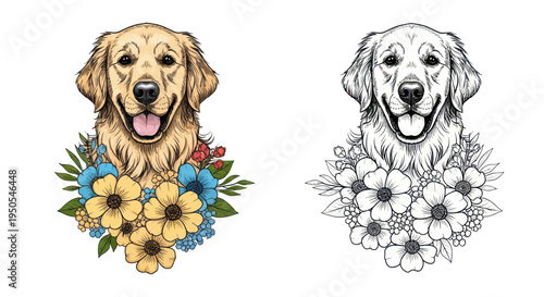 Golden Retriever Dog Portrait with Floral Wreath - Color and Line Art
