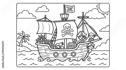 Pirate Ship with Skull Flag.