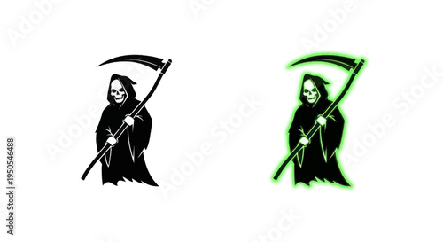 Grim Reaper silhouette with glowing outline, holding scythe, dark fantasy concept