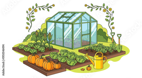 Greenhouse and Vegetable Garden with Pumpkins, Cabbage, and Watering Can