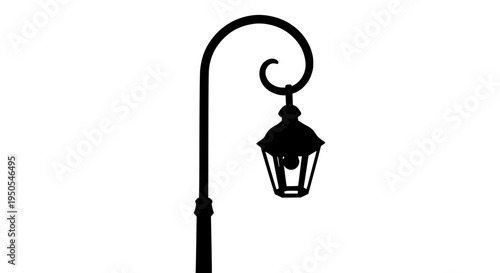 Street lamp post with curved arm and lantern shade in black silhouette featuring urban lighting, city infrastructure,