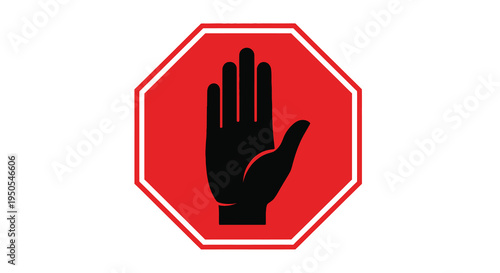 A vibrant red octagonal sign displays a stark black silhouette of a hand signaling a firm stop high quality
