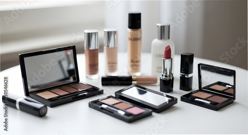 Discovering the artistry of makeup with a curated selection of beauty products on a stylish table during a serene morning light ai, makeup, beauty, cosmetics, foundation, lipstick, palettes, morning, 