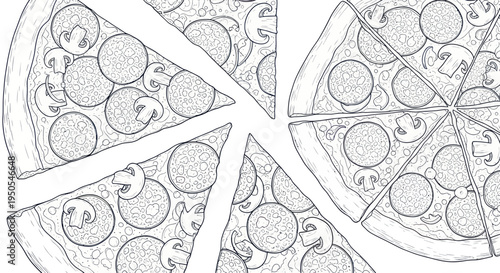 Hand-drawn sketch of pizza slices with pepperoni and mushrooms on white background
