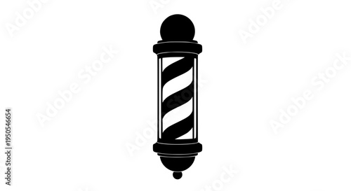 Barber pole icon with black and white spiral design and rounded top featuring haircut, grooming, graphic with symbol