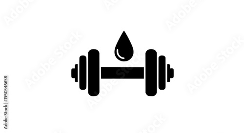 Dumbbell with a single water drop above it in black silhouette style featuring weightlifting, fitness, gym with