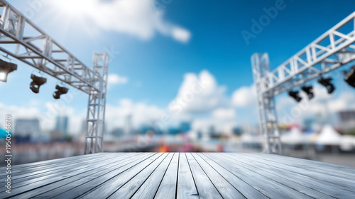 Musical stage in open ground with clear sky background, white clouds, outdoor concert venue, natural setting, defocused sky, with copy space