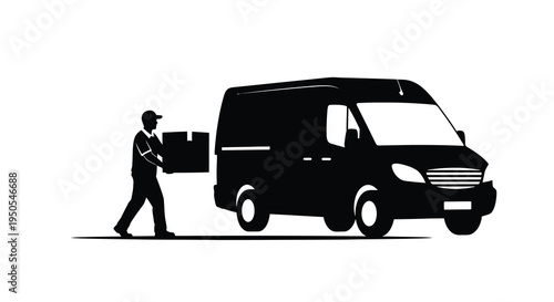 A silhouetted delivery person carries a box alongside a black van suggesting package transportation and logistics high quality professional