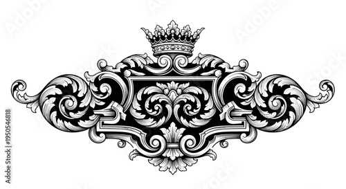 Ornate Royal Crown Emblem with Decorative Scrollwork and Blank Frame