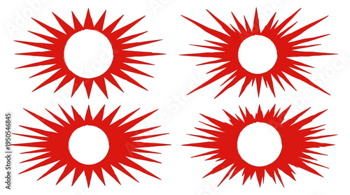 Four vibrant red sunburst shapes with white centers, ideal for graphic design and branding use