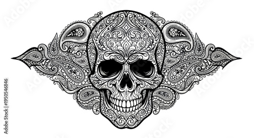 Ornate Skull Tattoo Design with Paisley Wings