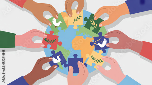 Diverse hands assembling a puzzle of the Earth with peace symbols representing global unity and cooperation concept for international relations and harmony