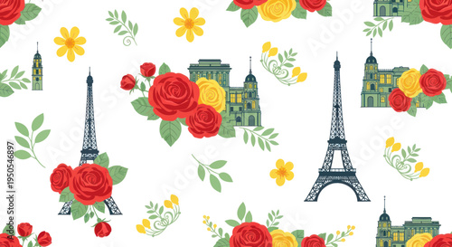 Parisian Romance: Eiffel Tower, Roses, and French Architecture Seamless Pattern