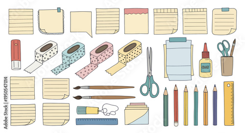 Stationery Collection: Sticky Notes, Washi Tape, Pencils, Brushes, Scissors, Ruler