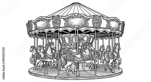 Vintage Carousel Horse Illustration - Black and White Line Art