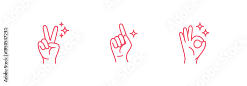 Set of hand gestures with sparkling stars, victory sign, index finger pointing up, and okay sign, pink line art icons on, minimalist hand signals for social media design
