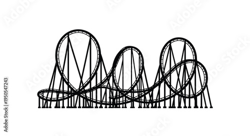 A minimalist black and white illustration depicts a wooden roller coaster with looping tracks and structural supports high quality