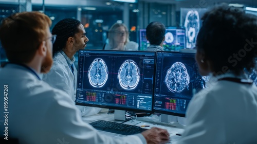 Team of professional scientists collaborating in a modern brain research laboratory, neurologists and neuroscientists analyzing ct and mri scans on monitors while discussing findings and working on ad