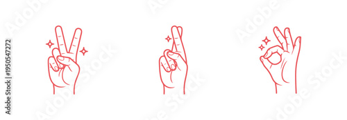 Set of three hand gestures including peace sign, fingers crossed for luck, and okay sign in a minimalist pink line art style, perfect for social media stickers and expressive digital design elements