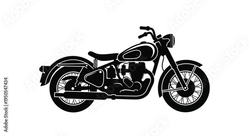A striking black silhouette depicts a vintage motorcycle showcasing its classic design and mechanical features against a white backdrop