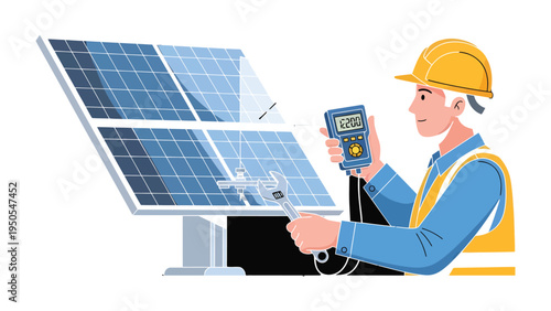 Solar Panel Inspection: A skilled technician, equipped with necessary tools, diligently inspects a solar panel, embodying the essence of renewable energy and sustainable living.