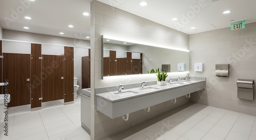 Modern Public Restroom with Double Sink.