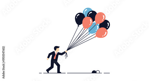 businessman releasing colorful balloons into sky celebration success vector illustration