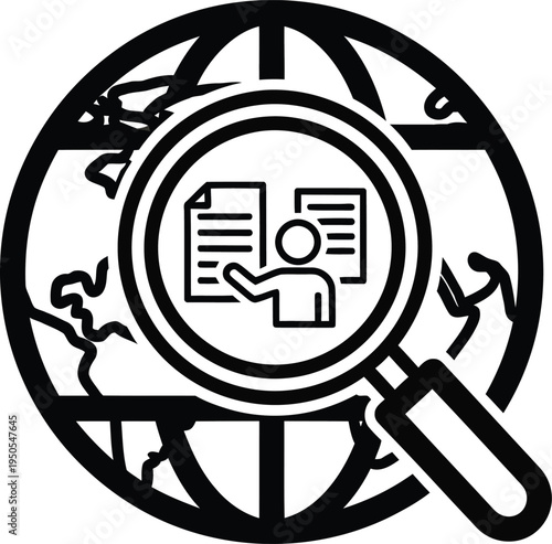 magnifying glass over documents and globe