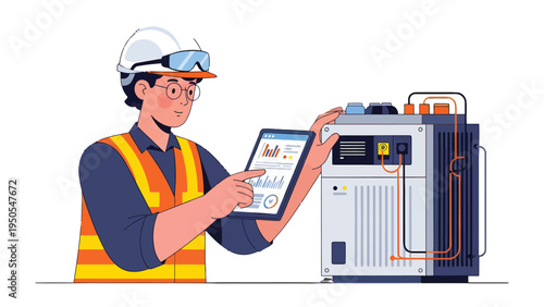 Technician with Technology: An attentive technician in a construction zone, utilizing a tablet to analyze technical data alongside modern machinery, highlighting precision and expertise.