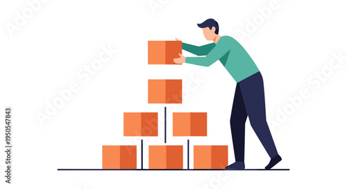 man stacking wooden blocks business growth concept flat design vector illustration