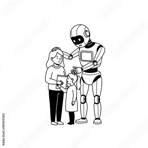 Robot Interacting With Mother and Child, Future Technology Concept