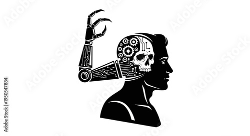 Robotic Arm Manipulating Human Head with Skull and Gears